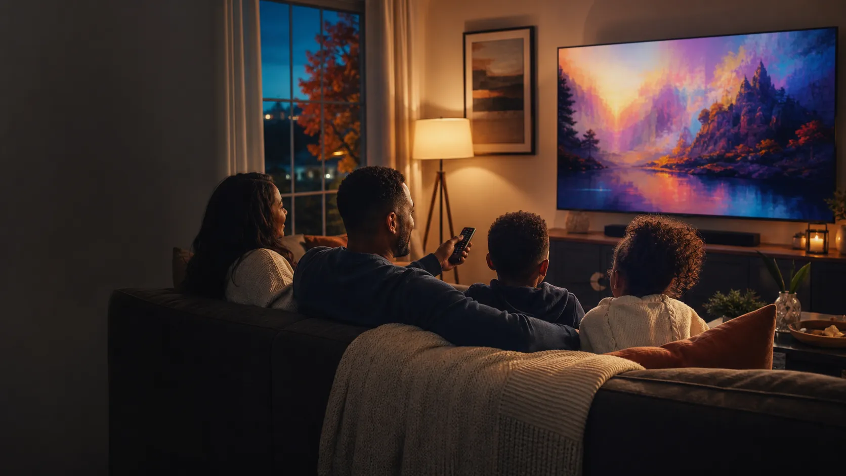 A family enjoying a colorful movie together in their Connecticut living room