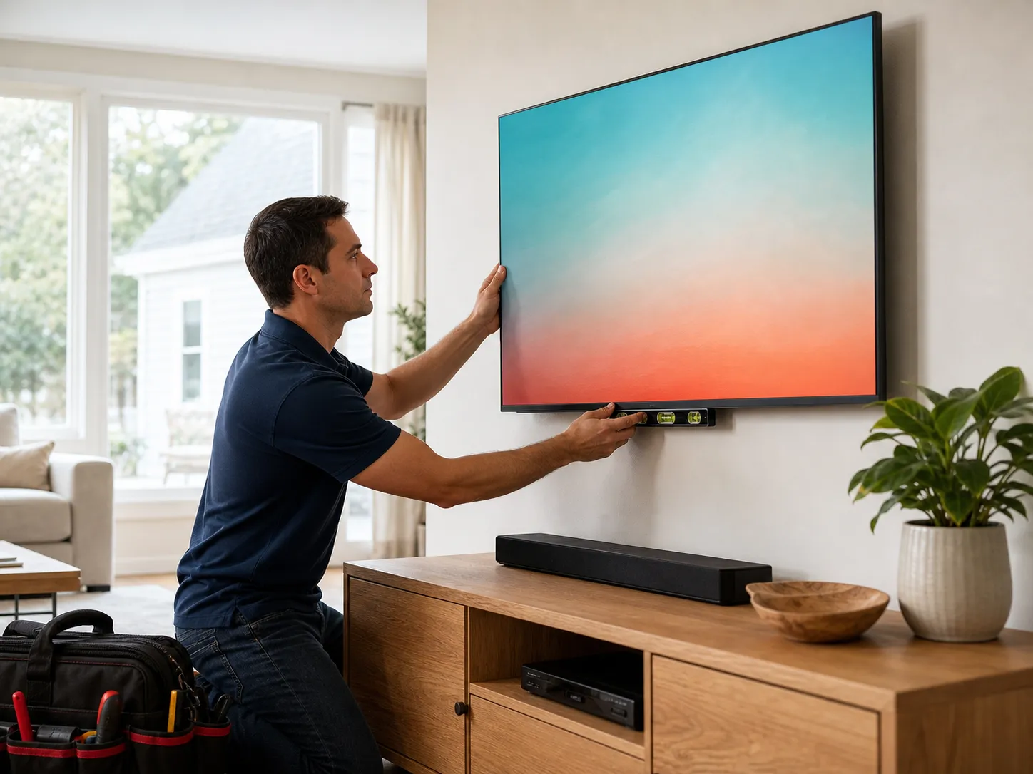 A professional technician carefully leveling a wall-mounted television